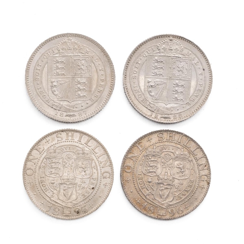 48 - Four (4) Victoria silver Shillings, including 1887, 1888, 1893 and 1896. Grades: EF - Extremely Fine... 