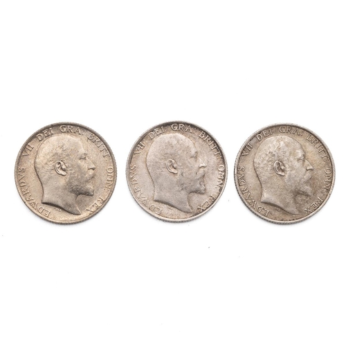 49 - Three (3) Edward VII silver Shillings, including 1906, and 1908 (x2).