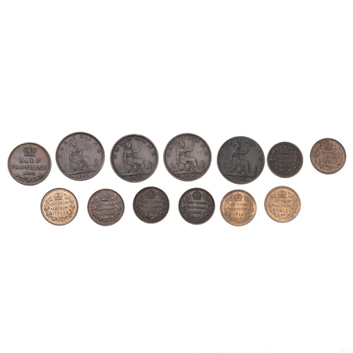 53 - Thirteen (13) bronze Farthings and Third Farthings, including 1844 Victoria Farthing, 1865, 1873, 18... 