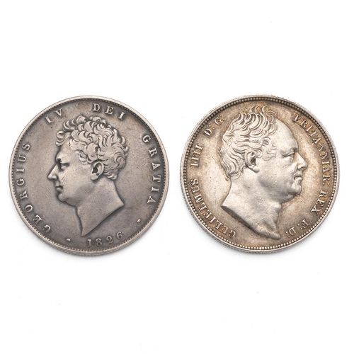 54 - Two (2) silver Halfcrowns, including 1826 George IV, and 1836 William IV. Grades: gF - good Fine or ... 