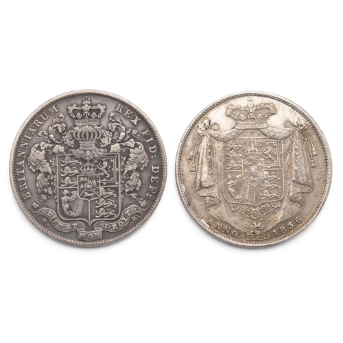 54 - Two (2) silver Halfcrowns, including 1826 George IV, and 1836 William IV. Grades: gF - good Fine or ... 