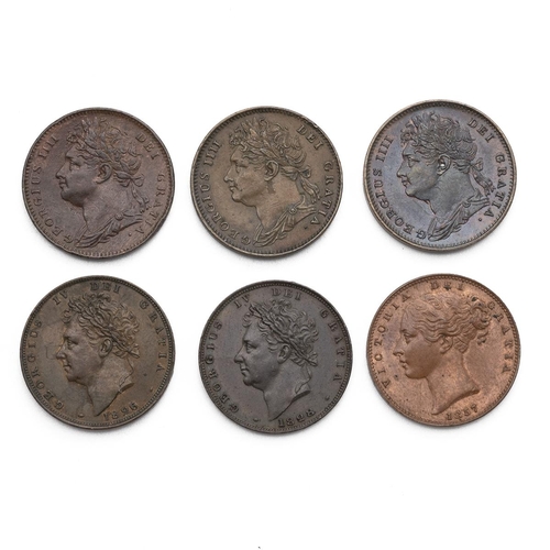 56 - Six (6) bronze Farthings, including 1822 George III, 1825, 1825, 1826, 1828, and 1857 Victoria. Grad... 