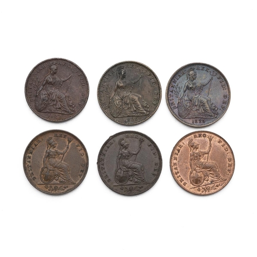 56 - Six (6) bronze Farthings, including 1822 George III, 1825, 1825, 1826, 1828, and 1857 Victoria. Grad... 