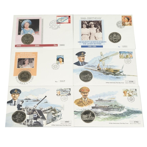 68 - Six (6) coin and stamp first day covers, including 1990 Queen Mother Isle of Man Crown, 1990 Jersey ... 