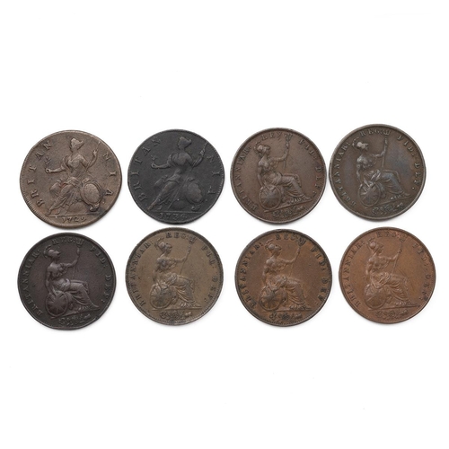 69 - Eight (8) copper Halfpennies, including 1729 George II, 1734, 1834 William IV, 1854 Victoria, 1853 (... 