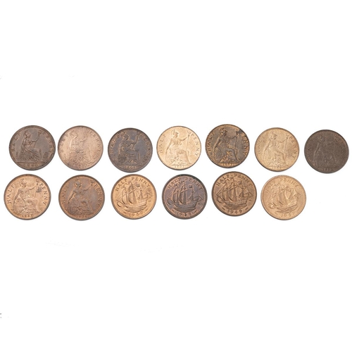 71 - Thirteen (13) copper and bronze Halfpennies, including 1860 Victoria, 1887, 1893, 1901, 1902 Edward ... 