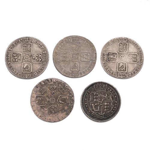 72 - Five (5) silver Sixpence, including 1746 George II 'LIMA' (x2), 1758 George II, 1787 George III, and... 