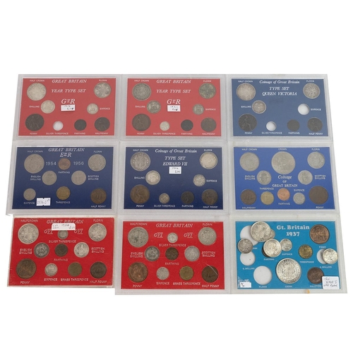 75 - Nine (9) British year-type coin sets in display cards with plenty of pre-1947 silver coinage in coll... 