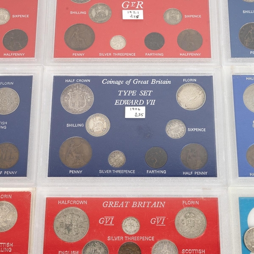 75 - Nine (9) British year-type coin sets in display cards with plenty of pre-1947 silver coinage in coll... 