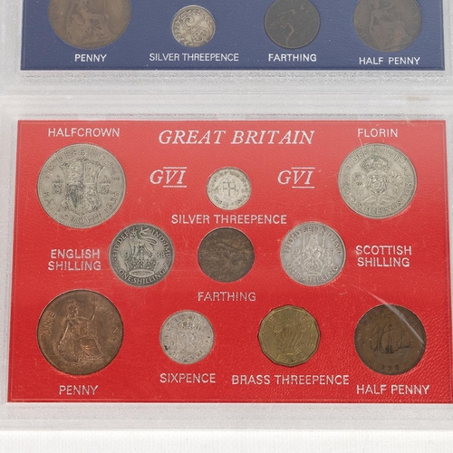 75 - Nine (9) British year-type coin sets in display cards with plenty of pre-1947 silver coinage in coll... 