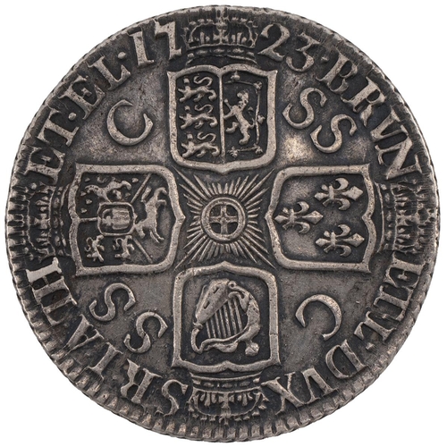 101 - 1723 George III silver SSC Shilling (S 3647). Grade: VF - Very Fine, re-toned.