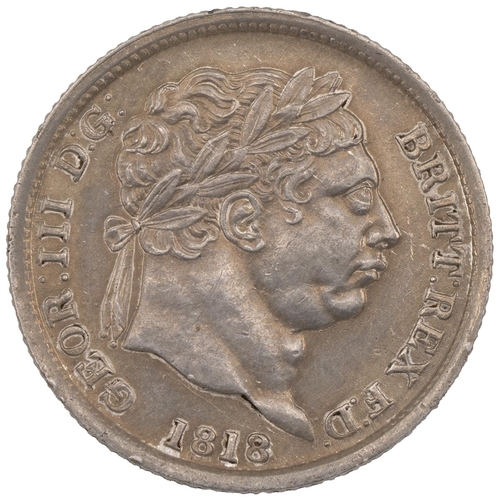 102 - 1818 George III silver Shilling, high '8' in date (S 3790). Grade: gVF - good Very Fine, cleaned.