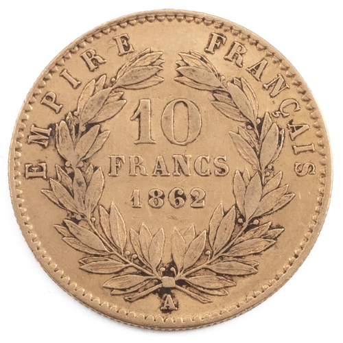 144 - 1862-A France, Napoleon III gold 10 Francs, Paris (KM 800.1).