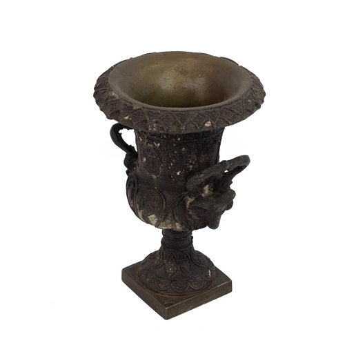 155 - 19th century small bronze twin handle table top urn with all over decoration to the body H21.5 cm.