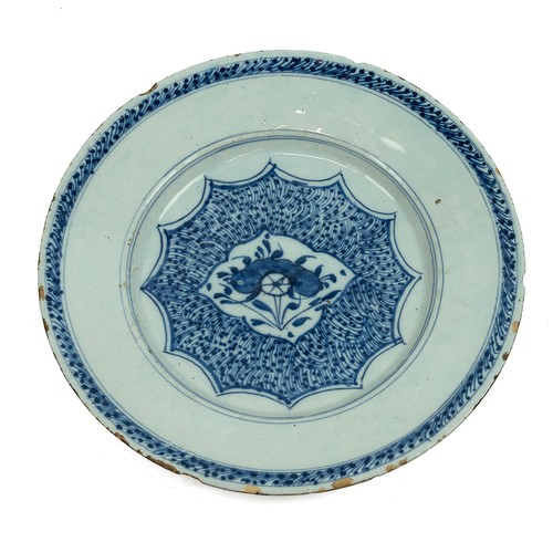 159 - 18th Century Dutch Delft ware plate in typical blue and white glaze with hanging basket design to ce... 