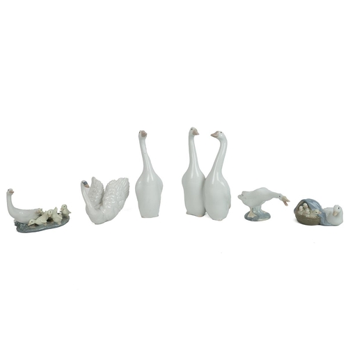 172 - Lladro - six bird figurines to include: 1307 'Little Ducks After Mother' Juan Huerta 1974, boxed; 80... 