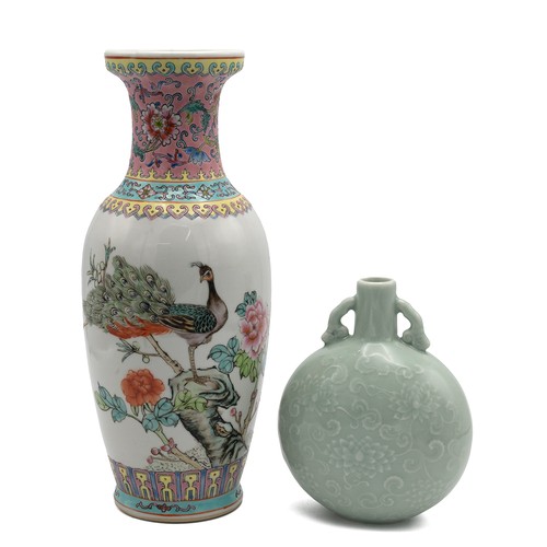 174 - Two mid-late 20th Century Chinese vases the first in celadon green, of moonflask shape decorated wit... 