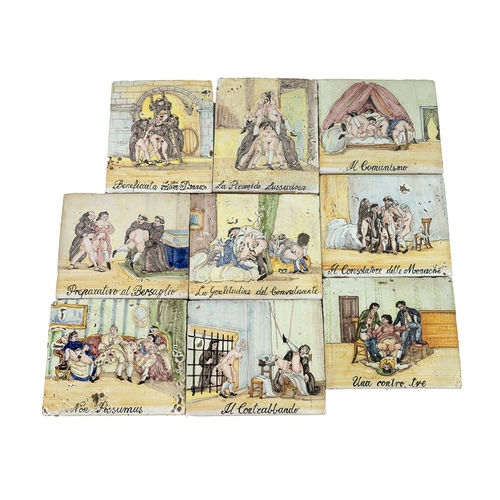 180 - Antique erotica interest - nine 18th Century Majollica Mattonella tiles reputedly salvaged from a ca... 