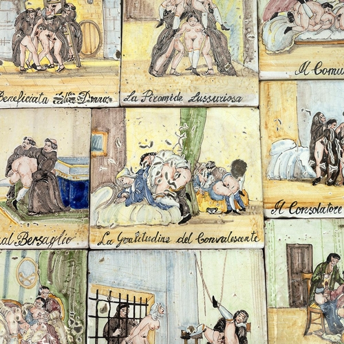 180 - Antique erotica interest - nine 18th Century Majollica Mattonella tiles reputedly salvaged from a ca... 