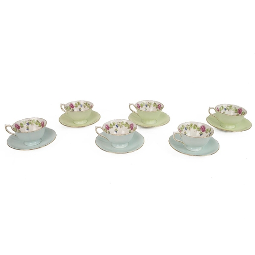 185 - Set of 6 Aynsley Tea Cups and Saucers in pastel colours, three of each colour.