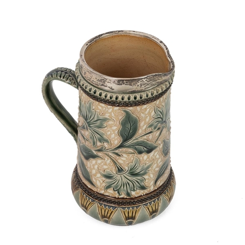 197 - Louisa E Edwards for Doulton Lambeth Jug, with silver rim hallmarked for Sheffield 1881. Of tapering... 