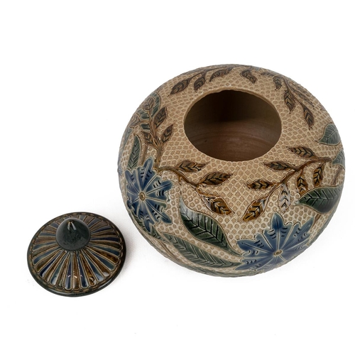 198 - Louisa J Davies for Doulton Lambeth, a bowl of flattened sphere form and cover with acorn shaped fin... 