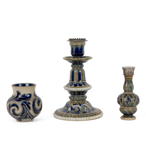 206 - Doulton Lambeth collection to include: a silver topped candlestick, hallmarked for London 1877, of c... 