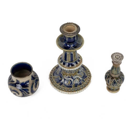 206 - Doulton Lambeth collection to include: a silver topped candlestick, hallmarked for London 1877, of c... 