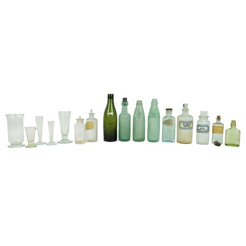 215 - Collection of Glassware to include 2 x Lemonade Bottles and cod bottles, pharmaceutical named medica... 