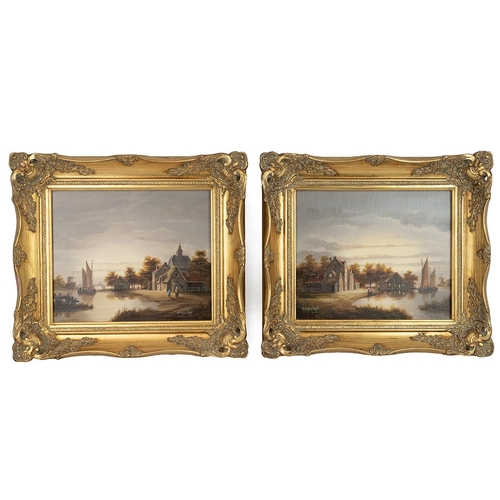 223 - Bernard Page, pair of contemporary Dutch boat, river scenes, oil on canvas signed lower right and le... 