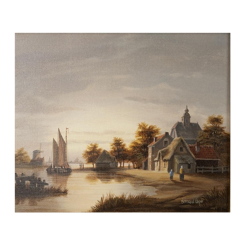 223 - Bernard Page, pair of contemporary Dutch boat, river scenes, oil on canvas signed lower right and le... 