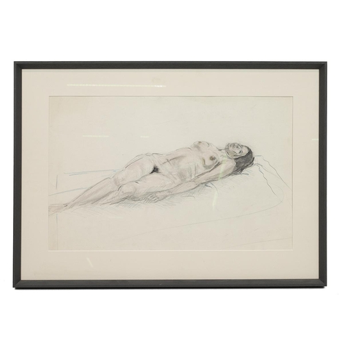 231 - Pencil and pastel study of a nude lady lying down unsigned, framed and glazed 51cm x 32cm.