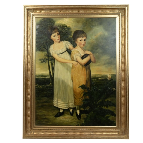 236 - Large overprinted oil on canvas of two 19th century girls on top of a hill unsigned set in a decorat... 