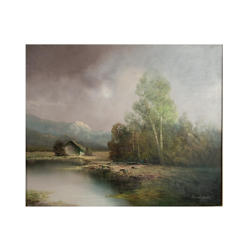 250 - Karl Schmidbauer (b1921- 1998) two oil on canvas mountain river scenes, 59cm x 49cm & 50cm x 40c... 