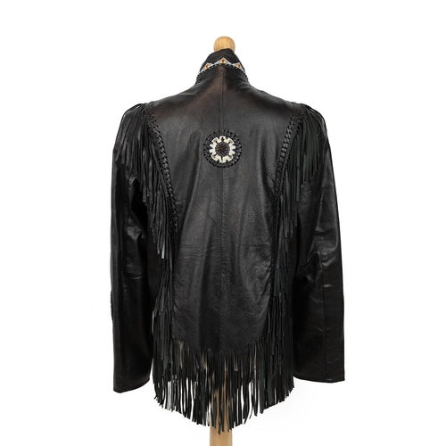 301 - Western style leather jacket with fringe and bead work to the shoulder and arms, sizes S.