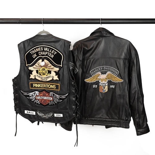 304 - Harley Davidson leather waistcoat with Thames valley chapter embroidery and a gsouma leather jacket ... 