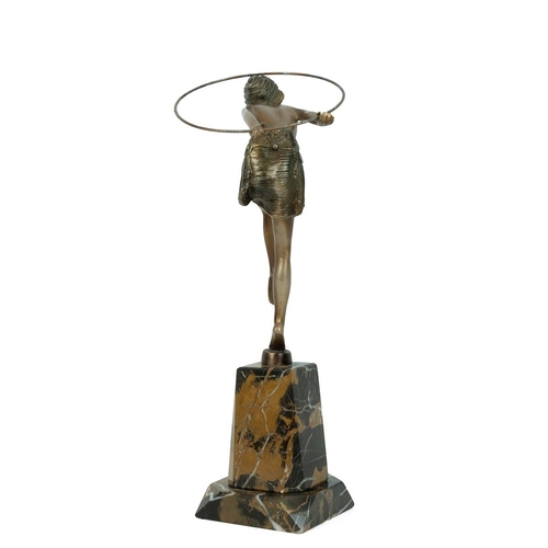 307 - A vintage bronze sculpture of a Art Deco dancing lady with hoop on marble plinth, in Dominique Alonz... 