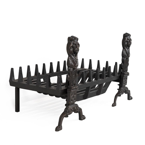 311 - Contemporary cast metal fire grate the basket supported by two fire dogs in the form of a seated lio... 