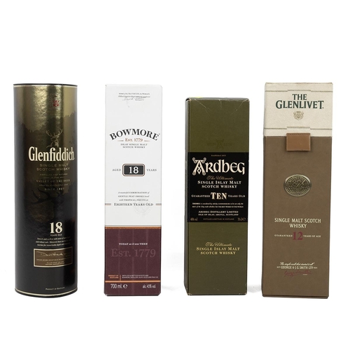 313 - Whisky, four boxed bottles of single malt: Bowmore 18 year old 70cl 43% alc/vol in cardboard box int... 