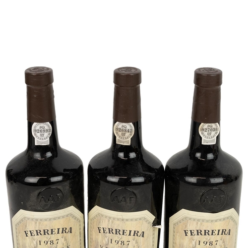 351 - Ferreira 1987 vintage port - three bottles each 75cl 20% alc/vol, fill levels all into neck, labels ... 