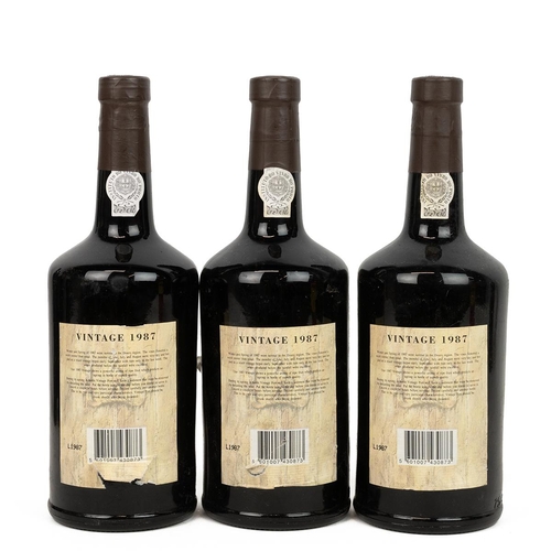 351 - Ferreira 1987 vintage port - three bottles each 75cl 20% alc/vol, fill levels all into neck, labels ... 