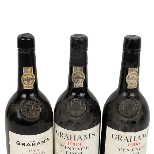 364 - 3 bottles of Graham's 1983 vintage port each 75cl 20% alc/vol, fill top shoulder on two, low shoulde... 