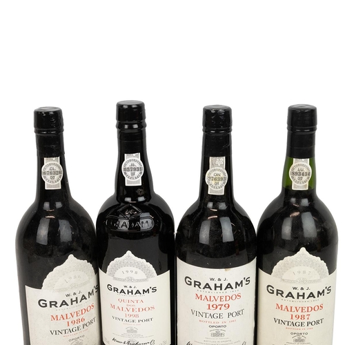 366 - Graham's Malvedos vintage ports 1979, 1986, 1987 and Quinta  dos Malvedos 1998 (owc) all 75cl 20% al... 