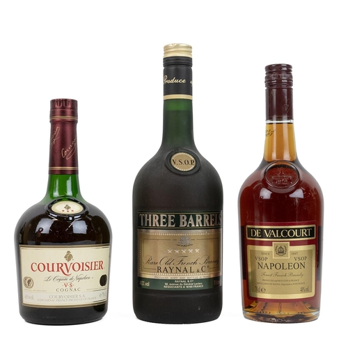 384 - Courvoisier 3 star cognac in card box, 75cl 40% alc/vol; Three Barrels Rare Old French Brandy VSOP 1... 