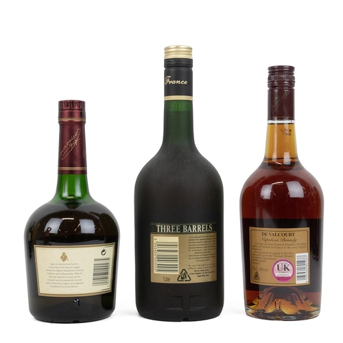 384 - Courvoisier 3 star cognac in card box, 75cl 40% alc/vol; Three Barrels Rare Old French Brandy VSOP 1... 