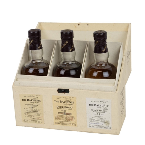 392 - Miniatures: Balvenie collection Founder's Reserve 10 yrs, Doublewood 12 yrs and Single Barrel 25 yrs... 