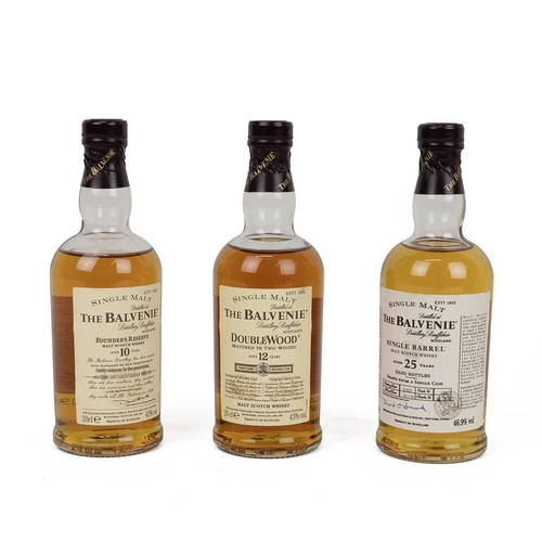 392 - Miniatures: Balvenie collection Founder's Reserve 10 yrs, Doublewood 12 yrs and Single Barrel 25 yrs... 