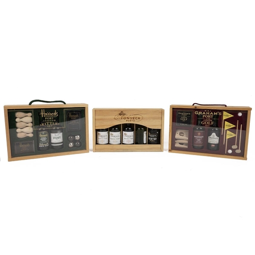 393 - Six port miniatures gift sets to include in wooden cases: Fonseca (6 x 5cl), Graham’s (2 x 5cl plus ... 