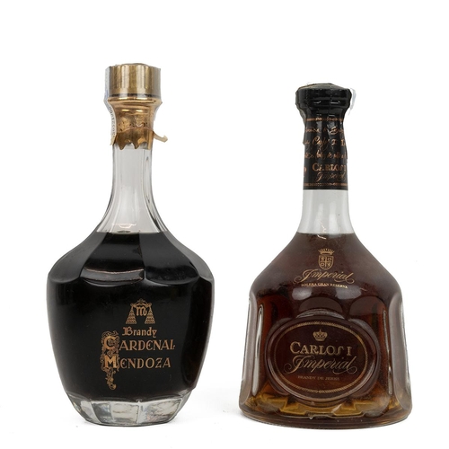 396 - Carlos I Imperial Brandy 70cl 38% alc/vol in decanter bottle with glass stopper in attached leather ... 