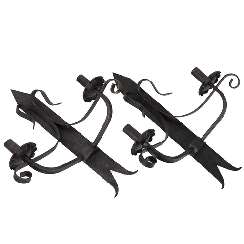 415 - Pair of bronzed two branch electric wall sconces, a pair of candle wall sconces and a black metal fi... 